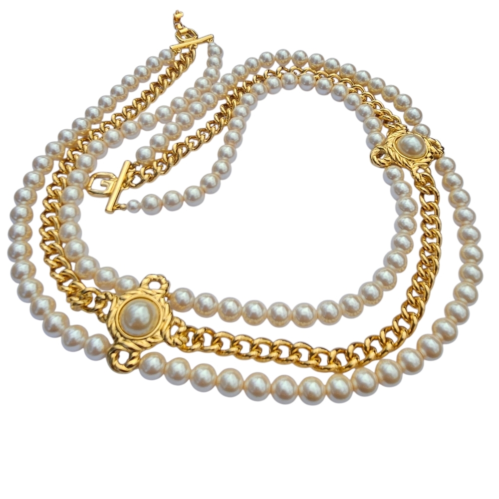 Vintage Givenchy Necklace Multistrand Faux Pearl Gold Chain Dressy Gala Necklace - Picture 5 of 16